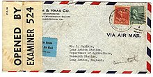 1940 airmail letter from neutral US to England, where it was censored because they were already at war, using a P.C.90 coded censor sealing label 1940 censored letter to Lawrence Ogilvie.jpg