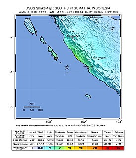 Эпицентр землетрясения на островах Ментавай 5 марта 2010 года (Снимок USGS)