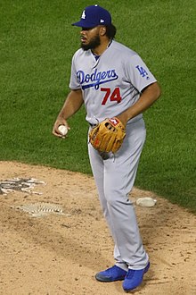 Kenley Jansen saved both games of a double-header on May 19 against the Nationals. 20170718 Dodgers-WhiteSox Kenley Jansen with the ball.jpg