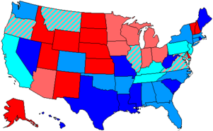 Republicans controlled the congressional delegations of the red states, Democrats controlled those of the states in blue 91 us house membership.png