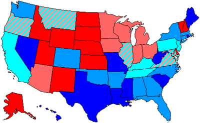 House seats by party holding plurality in state
80+% Democratic
80+% Republican
60+% to 80% Democratic
60+% to 80% Republican
Up to 60% Democratic
Up to 60% Republican 91 us house membership.png