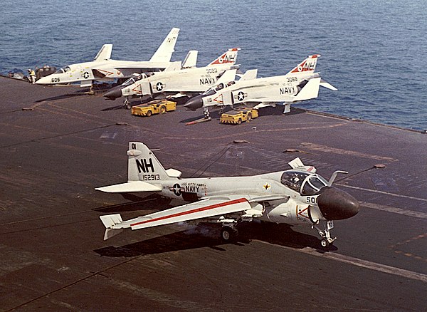 An A-6 Intruder from VA-75 traps aboard Kitty Hawk during her 1967-68 deployment to Vietnam