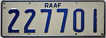 This style of number plate was used by Royal Australian Air Force vehicles from about 1971 to 2000 AUS.RAAF22.jpg