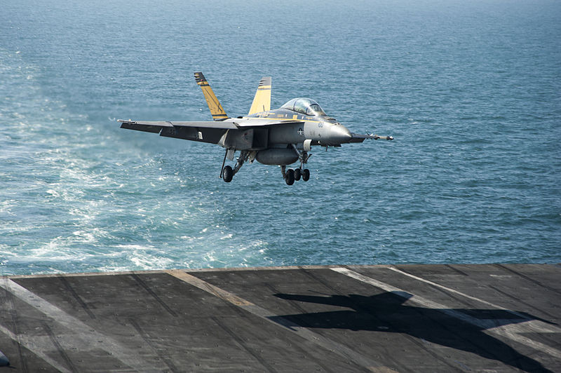 File:A U.S. Navy F-A-18F Super Hornet aircraft attached to Strike Fighter Squadron (VFA) 32 prepares to land on the flight deck of the aircraft carrier USS Harry S. Truman (CVN 75) in the Persian Gulf Jan. 17, 2014 140117-N-RY581-235.jpg