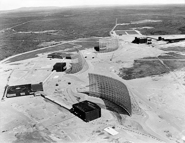 Three of the huge AN/FPS-50 radars, BMEWS Site 2, near Anderson, Alaska, in 1962.