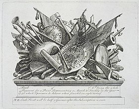 Antique trophy of arms, with Scottish bagpipes, engraving circa 1750 by William Hogarth (1697–1764)