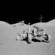 Apollo 17's Lunar Roving Vehicle as it was left parked on the Moon at the conclusion of the mission. The Surface Electrical Properties (SEP) experiment receiver is the antenna on the right-rear of the vehicle