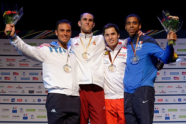 Podium of the men's épée: Pizzo, Rédli, Heinzer, and Lucenay