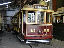 Ballarat tram No. 26, built in 1916 by Duncan & Fraser for the Hawthorn Tramways Trust at the Ballarat Tramway Museum depot at Lake Wendouree Ballarat tram 26.JPG