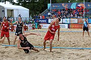 Deutsch: Beachhandball Europameisterschaften 2019 (Beach handball Euro); Tag 6: 7. Juli 2019 – Spiel um Platz Drei, Männer, Ungarn-Russland 2:0 (26:20, 23:22) English: Beach handball Euro; Day 6: 7 July 2019 – Men's Bronze Medal Match – Hungary-Russia 2:0 (26:20, 23:22)