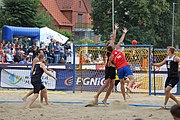 Deutsch: Beachhandball Europameisterschaften 2019 (Beach handball Euro); Tag 3: 4. Juli 2019 – Männer, Hauptrunde Gruppe I, Serbien-Deutschland 2:1 (14:25, 20:18, 7:6) English: Beach handball Euro; Day 3: 4 July 2019 – Men Main Round Group I – Serbia-Germany 2:1 (14:25, 20:18, 7:6)