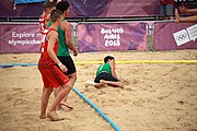 Deutsch: Beachhandball bei den Olympischen Jugendspielen 2018; Tag 5, 10. November 2018; Jungen, Hauptrunde - Ungarn-Portugal 0:2 English: Beach handball at the 2018 Summer Youth Olympics at 11 October 2018 – Boys Main Round – Hungary-Portugal 0:2