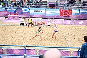 Deutsch: Beachhandball bei den Olympischen Jugendspielen 2018; Tag 6, 12. Oktober 2018; Mädchen, Hauptrundenspiel – Ungarn-Niederlande 2:1 English: Beach handball at the 2018 Summer Youth Olympics at 12 October 2018 – Girls Main Round – Hungary-Netherlands 2:1