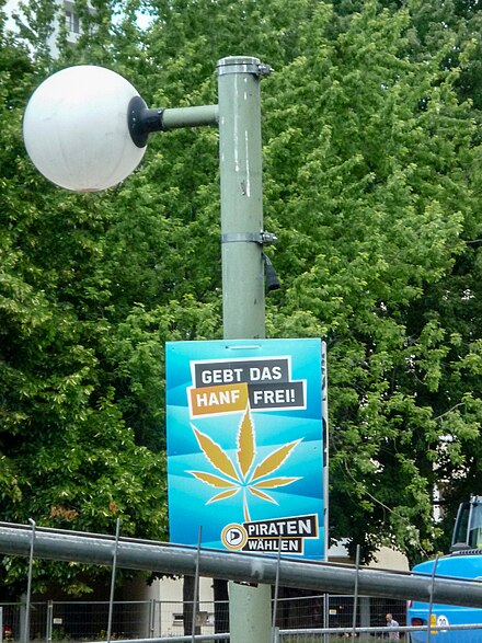 A Pirate Party Germany election placard in Berlin in 2014, stating "Release the hemp!" (Gebt das Hanf frei!)