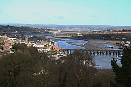 Bideford Long Bridge, looking downstream from Upcott Hill. Beyond closer to the estuary is the A39 Road Bridge built in 1987 Bideford bridges from Upcott Hill - geograph.org.uk - 867952.jpg