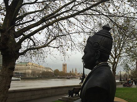 The bust of Basava, unveiled in London in 2015, facing the UK Parliament