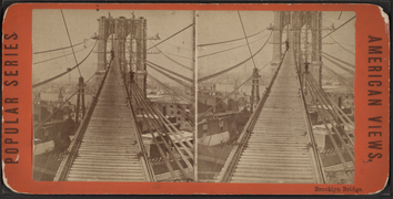 Pont de singe permettant de passer d'un pylône à l'autre pendant la pose des câbles de suspension du pont de Brooklyn.