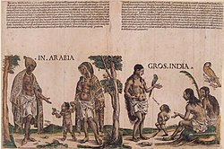 alt=Natives of Arabia and India, 1508, handcolored woodcut, 27.2 X 41.2 cm. Freiherrlich von Welserschen Familienstiftung, Neunhof (artwork in the public domain; photograph copyright Freiherrlich v. Welserschen Familienstiftun