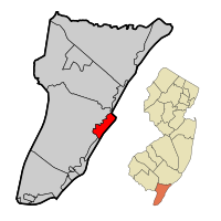 Avalon Borough highlighted in Cape May County. Inset map: Cape May County highlighted in the State of New Jersey.