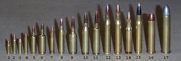 A variety of rifle cartridges: (1).17 HM2 (2).17 HMR (3).22LR (4).22 Win Mag R/F.22 WMR (5).17/23 SMc (6)5mm/35 SMc (7).22 Hornet (8).223 Remington (9