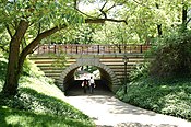 Bridge in Central Park, designed by Calvert Vaux, separates pedestrians from the carriage drive.