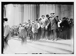 The public lines up to buy Lincoln cents outside the Sub-Treasury building, New York City, August 2, 1909.