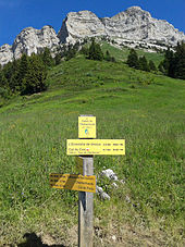 Directionele wandelborden onder een alp en kliffen.