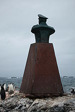 Chinstrap Penguins surround the monument to Piloto Pardo at Point Wild, Elephant Island.jpg