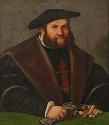 Ulrich Ehinger (Bild eines Santjagoritters), bemerkenswert durch eine der frühesten Darstellungen einer Taschenuhr (sog. Bisamapfeluhr), etwa 1540, Kunsthistorisches Museum Wien