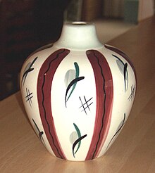 A lampbase painted with a version of Jessie Tait's 'Fiesta' design Clayburnlamp.jpg