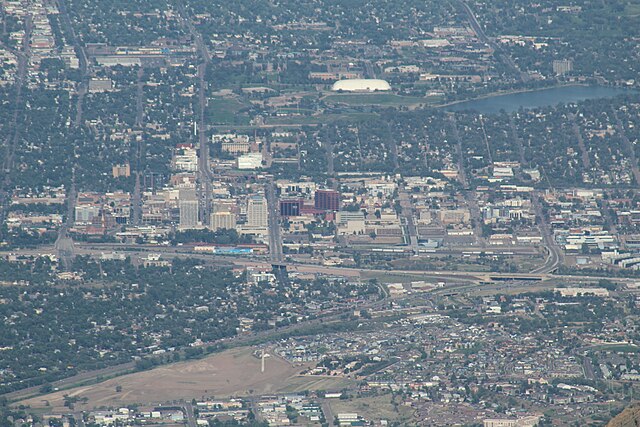 View of downtown Colorado Springs from the summit of Pikes Peak.