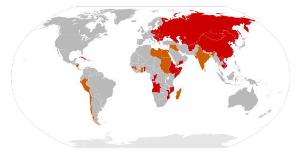 Countries which once had overtly Marxist–Leninist governments in bright red and countries the USSR considered at one point to be "moving toward socialism" in orange