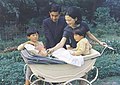 Crown Prince Akihito and Crown Princess Michiko with three children; Prince Naruhito, Prince Fumihito and Princess Sayako. (September 1969).jpg