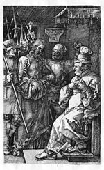 Dürer, Kupferstichpassion 04, Vor Kaiphas.jpg