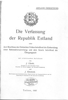 German translation of the Constitution of the Republic of Estonia Die Verfassung der Republik Estland (1937) Seite 01.jpg