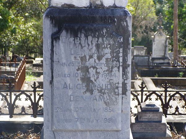 Digby Denham's headstone at Brisbane's South Brisbane Cemetery.