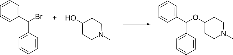 Diphenylpyraline synthesis via coupling of 4-hydroxy-1-methylpiperidine with benzhydrylbromide Diphenylpyraline-synthesis.svg