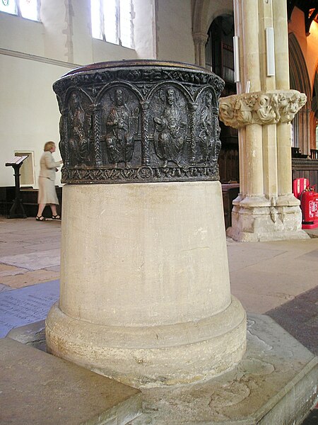 The Norman leaden baptismal font, 12th century