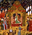 Тэмуджин провозглашается великим ханом на всемонгольском курултае и становится Чингисханом. Белые бунчуки можно увидеть справа. Миниатюра из «Джами ат-таварих», Рашид ад-Дин, XV век
