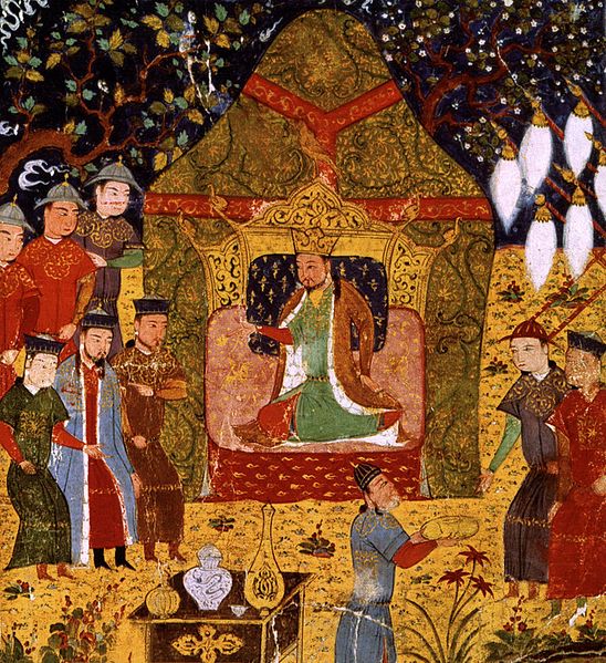 Genghis Khan seated in the center and Jochi standing in the left.