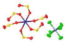 Portion of the structure of [Ni(SO2)6](AsF6)2, showing the dication and one of two AsF6 anions. EntryWithCollCode80473.png