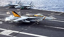 VFA-151 F/A-18C lands aboard USS Abraham Lincoln in 2008 300 Trap.jpg