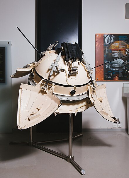 Mars 3 Lander model at the Memorial Museum of Cosmonautics in Moscow. PrOP-M is seen on top.