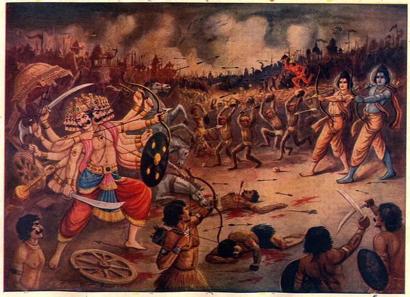 In this scence Dasmukha Lankapati Ravana fighting with Raghupati Raghav Ram. Ram is accompanied by Lakshman, Hanuman, Sugreev, Angad and their Vanara Sena.