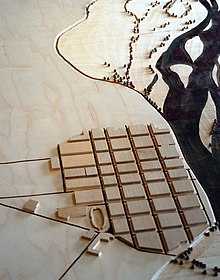 Schematic model of Flavia Solva with the Mur river, representing the state of research in 2004. (North is up) Flavia Solva model.jpg