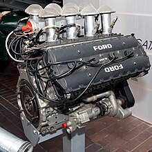 Cosworth DFV V8 engine introduced into Formula One by Lotus in 1967 Ford-Cosworth DFV rear-right National Motor Museum, Beaulieu.jpg