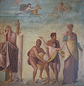 Fourth Style fresco depicting the Sacrifice of Iphigenia, from the House of the Tragic Poet in Pompeii, Naples National Archaeological Museum (17430222481).jpg