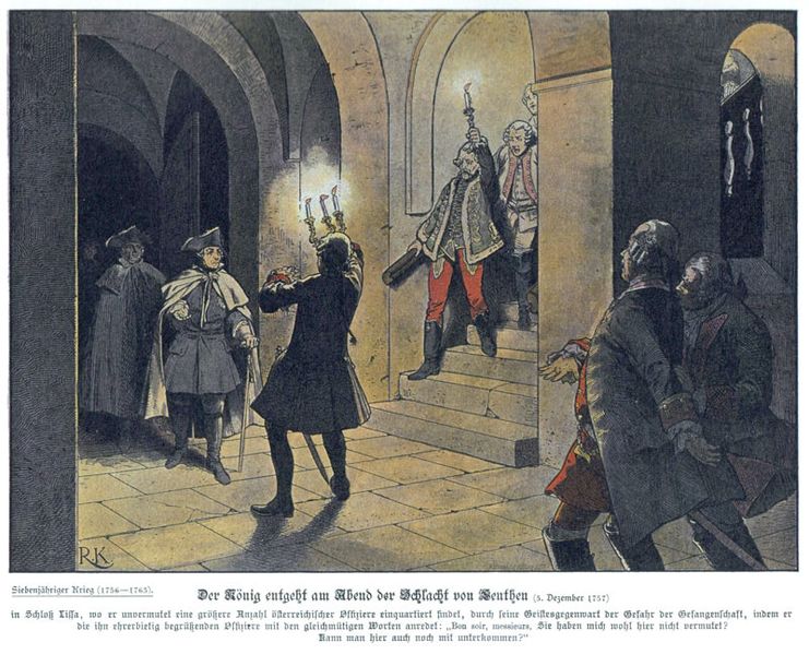 File:Frederick the Great arriving at the Schloss von Lissa after the Battle of Leuthen by Richard Knötel.jpg