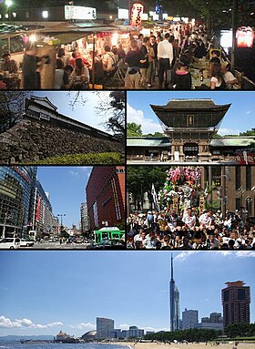 Do topo, à esquerda: Yatai em Nakasu; o Castelo de Fukuoka; o Santuário Hakozaki; Tenjin; o Hakata Gion Yamakasa; a beira-mar de Momochi com a Torre de Fukuoka.