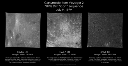 Three high-resolution views of Ganymede taken by Voyager 1 near closest approach on July 9, 1979.